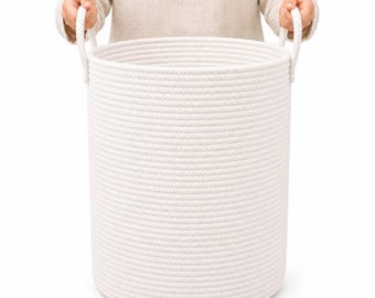 OrganiHaus XL Cotton Rope Basket | Tall 15”x18” Storage Basket with Long Handles | Decorative Large Basket for Blankets (Full Off-White)