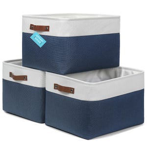 OrganiHaus Fabric Storage Baskets – 3 Pack Extra Large Closet Bins 16x13x10 in Navy Blue/White
