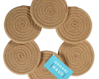 OrganiHaus Cotton Rope Cup Coasters, Set of 6, Handmade Farmhouse, Absorbent Coaster - Full Honey