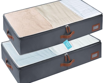 Under Bed Storage Containers – Gray Canvas Bins with Clear Lid, Set of 2