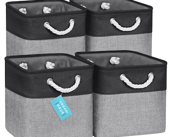 OrganiHaus Set of 4 Fabric Cubes Storage Baskets with Rope Handles 11x11 - Gray Base / Black