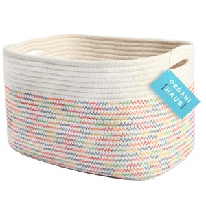 OrganiHaus Cotton Rope Storage Basket, Nursery Bathroom Organizer, 15x10x9in - Rainbow / Off-White