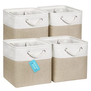 OrganiHaus Set of 4 Fabric Cubes Storage Baskets with Rope Handles 11x11 - Beige Base / Off-White