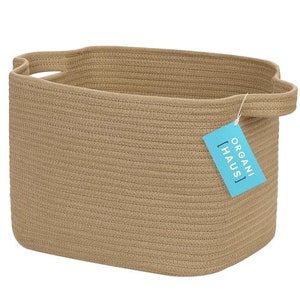 OrganiHaus Rope Magazine Basket with Handles | Decorative Rectangular Basket for for Books, Office, Towels 14"x9"- Honey Basket