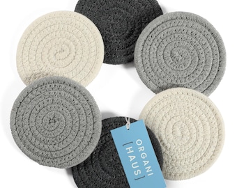 OrganiHaus Handmade Cotton Rope Coasters: Farmhouse Absorbent Drink Coasters, Set of 6