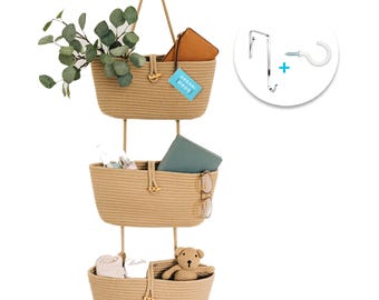 OrganiHaus Rope Over The Door Basket: 3-Tier Hanging Wall Storage - Honey