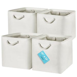 OrganiHaus Set of 4 Fabric Cubes Storage Baskets with Rope Handles 13x13 - Full Off White
