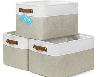 OrganiHaus Fabric Storage Baskets for Shelves - 3 Pack | Large Closet Storage Bins for Shelves | Cloth Baskets 15x11in- Beige/White