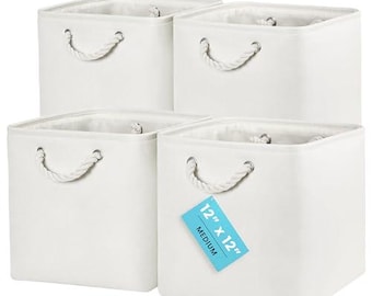 OrganiHaus Set of 4 Fabric Cubes Storage Baskets with Rope Handles 12x12 - Full Off White