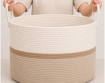 OrganiHaus Cotton Rope Storage Basket, Nursery, Playroom, Mixed Honey/White (20"x13.3")