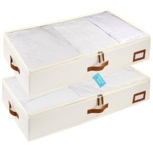 OrganiHaus 2-Pack Large Under Bed Storage Containers with Leather Handles and Label Holder, Closet Bins - 33"L x 16.5"W x 6"H - Off-White
