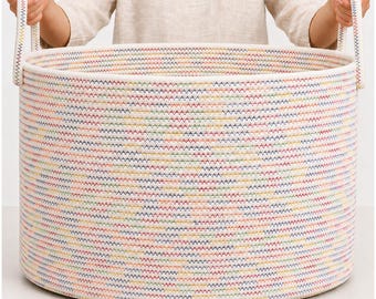 OrganiHaus XXL Cotton Rope Basket | Wide 20" x 13.3" Blanket Storage Basket with Long Handles (Wide (20"x13.3"), White w/Rainbow Stitches)