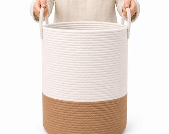 OrganiHaus XL Cotton Rope Basket: Honey & White, Tall Blanket Storage