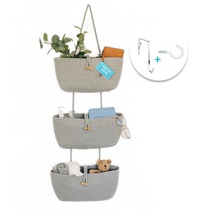 OrganiHaus Rope Over The Door Basket 3-Tier Wall Hanging Basket for Storage | Baskets for Bathroom Storage & Organizing - Grey