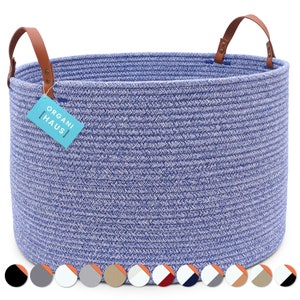 OrganiHaus XXL Extra Large Cotton Rope Basket with Real Leather Handles | Wide 20"x13" Woven Storage Blanket Baskets | Mixed Blue