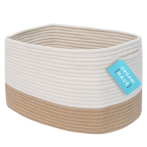 OrganiHaus Cotton Rope Storage Basket, Nursery Bathroom Organizer, 15x10x9in - Honey / Off-White