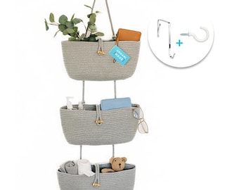 OrganiHaus Grey 3-Tier Rope Basket – Over-the-Door Bathroom & Storage Organizer