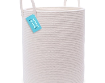 OrganiHaus XL Cotton Rope Basket | Tall 15”x18” Storage Basket with Long Handles | Decorative Large Basket for Blankets (Full Off-White)