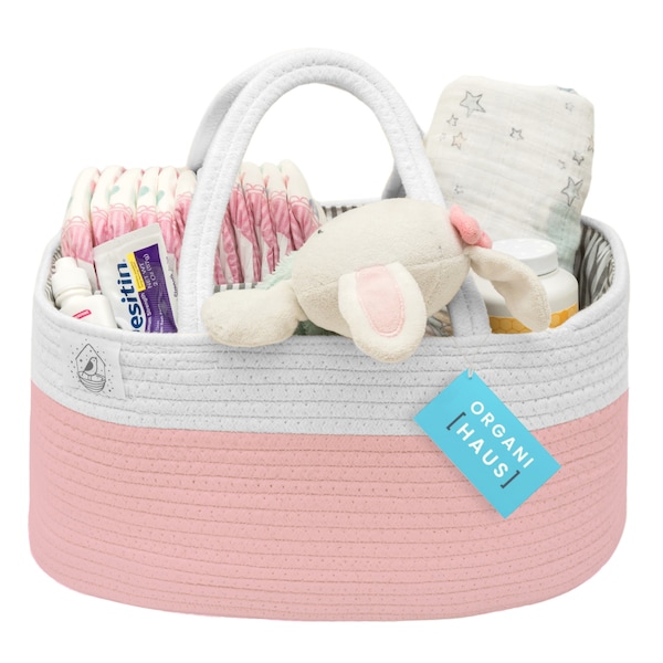 OrganiHaus Rope Diaper Caddy Basket and Nursery Organizer for Baby | Changing Basket w/ Dividers and Handles - Pink / White