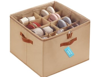 Large Fabric Shoe Organizer, 16 Pairs, Adjustable Dividers, Clear Cover, 17x17in - Brown