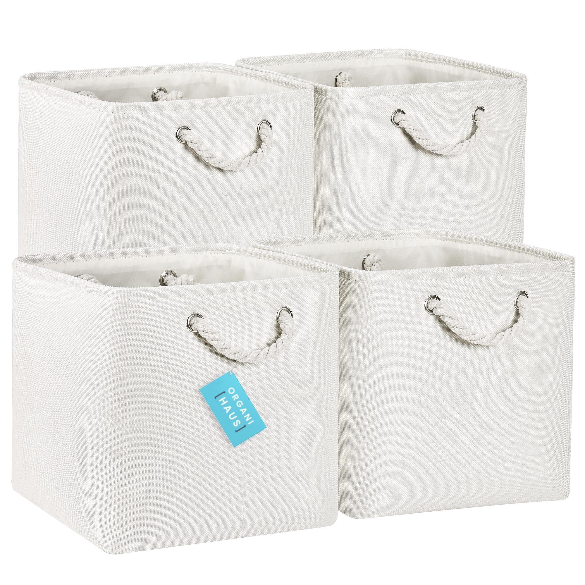 OrganiHaus Set of 4 Fabric Cubes Storage Baskets with Rope Handles 12x12 - Full Off White