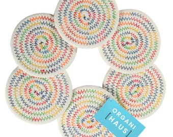 OrganiHaus Cotton Rope Cup Coasters, Set of 6, Handmade Farmhouse, Absorbent Coaster - Rainbow Stitches