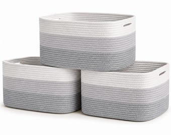 OrganiHaus Rope Storage Baskets Set of 3, Nursery Decor Organizer, 15x10x9in - 3 Toned Grey