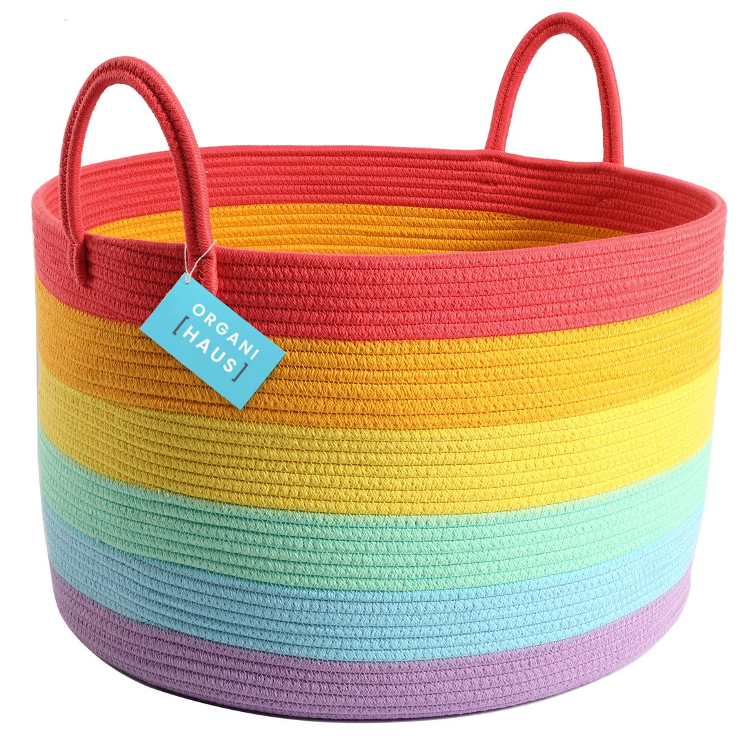 Organihaus Rainbow Cotton Rope Storage Basket With Handles 20x13 Colorful Unicorn Decor for Kids