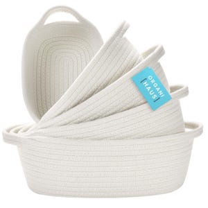 OrganiHaus Set of 5 Rectangle Bathroom Storage Baskets for Organizing - Small Woven Baskets for Baby Nursery Organization -Full Off-White