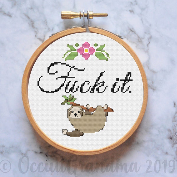 Fuck It Three Toed Sloth Floral Round Cross Stitch Pattern - DIGITAL DOWNLOAD