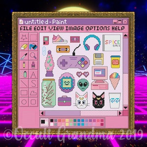 Windows 98 Microsoft Paint 1990 年代のパステル ベイパー ウェーブ クロスステッチ サンプラー パターン - デジタル ダウンロード