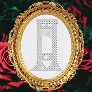 May include: A black and white cross-stitch pattern of a guillotine in a gold-colored frame.