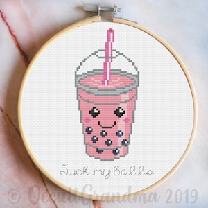 Patrón de punto de cruz de té de burbujas chupa mis bolas