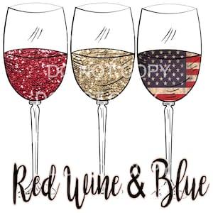 Red Wine & Blue Glitter Wine Glasses PNG - Patriotic 4th of July (Digital Download)
