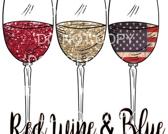 Red Wine & Blue Glitter Wine Glasses PNG - Patriotic 4th of July (Digital Download)