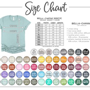 May include: Size chart for Bella + Canvas 3001CVC unisex jersey t-shirt. The chart shows measurements in inches for width, chest, and length for sizes XS to 5XL. The chart also includes information about the fabric composition for different colors, including heather prism, athletic heather, and black heather.