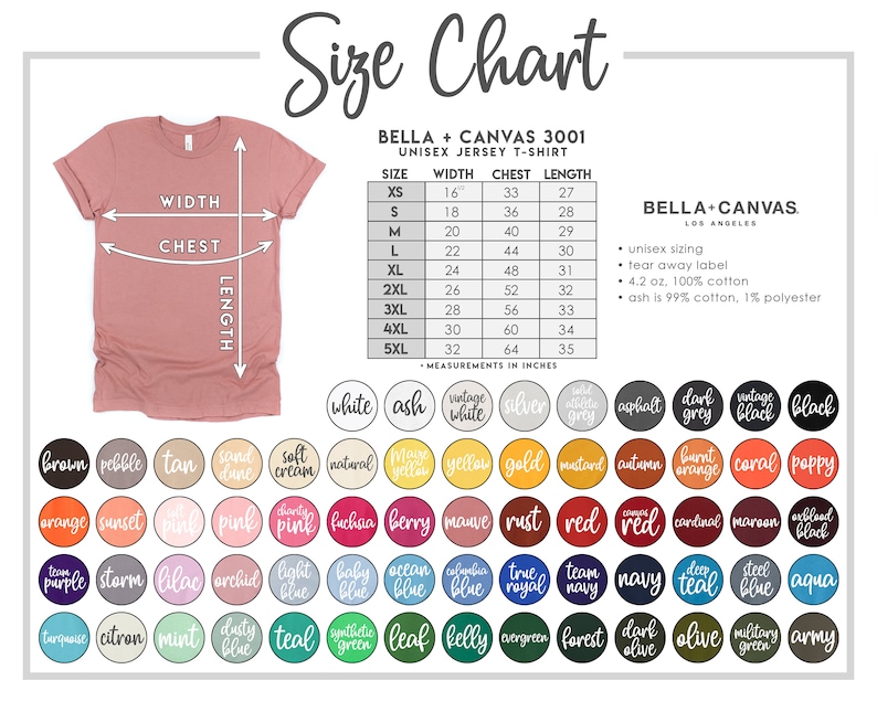 Puede incluir: Tabla de tallas para camisetas de jersey unisex Bella + Canvas 3001. La tabla muestra las medidas de ancho, pecho y largo en pulgadas para las tallas XS a 5XL. La tabla tambi&eacute;n incluye informaci&oacute;n sobre la composici&oacute;n de la tela, que es 100% algod&oacute;n, excepto el color ceniza, que es 99% algod&oacute;n y 1% poli&eacute;ster.