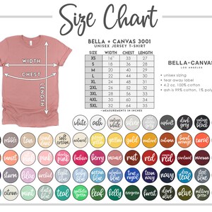 May include: Size chart for Bella + Canvas 3001 unisex jersey t-shirts. The chart shows width, chest, and length measurements in inches for sizes XS to 5XL.  The chart also includes information about the fabric composition: 100% cotton, except for ash which is 99% cotton and 1% polyester.