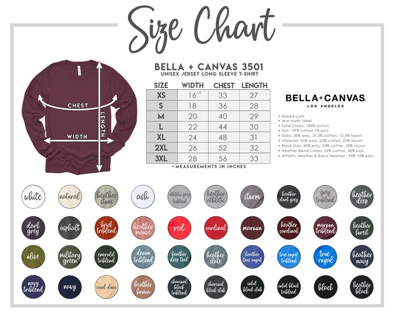 May include: Size chart for Bella + Canvas 3501 unisex long sleeve t-shirt. The chart shows measurements in inches for width, chest, and length for sizes XS to 3XL. The chart also includes a list of available colors for the t-shirt.