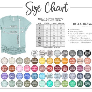 K&ouml;nnte beinhalten: Gr&ouml;&szlig;entabelle f&uuml;r das Bella + Canvas 3001CVC Unisex-Jersey-T-Shirt. Die Tabelle zeigt die Ma&szlig;e in Zoll f&uuml;r Breite, Brust und L&auml;nge f&uuml;r die Gr&ouml;&szlig;en XS bis 5XL. Die Tabelle enth&auml;lt auch Informationen &uuml;ber die Stoffzusammensetzung f&uuml;r verschiedene Farben, darunter Heather Prism, Athletic Heather und Black Heather.