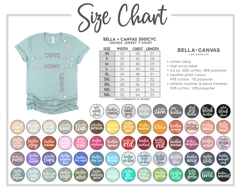 K&ouml;nnte beinhalten: Gr&ouml;&szlig;entabelle f&uuml;r das Bella + Canvas 3001CVC Unisex-Jersey-T-Shirt. Die Tabelle zeigt die Ma&szlig;e in Zoll f&uuml;r Breite, Brust und L&auml;nge f&uuml;r die Gr&ouml;&szlig;en XS bis 5XL. Die Tabelle enth&auml;lt auch Informationen &uuml;ber die Stoffzusammensetzung f&uuml;r verschiedene Farben, darunter Heather Prism, Athletic Heather und Black Heather.