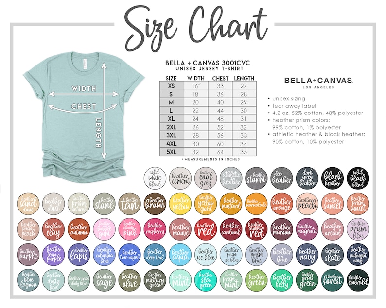 May include: Size chart for Bella + Canvas 3001CVC unisex jersey t-shirt. The chart shows measurements in inches for width, chest, and length for sizes XS to 5XL. The chart also includes information about the fabric composition for different colors, including heather prism, athletic heather, and black heather.