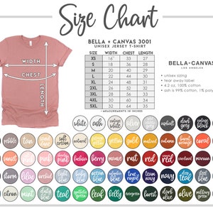 K&ouml;nnte beinhalten: Gr&ouml;&szlig;entabelle f&uuml;r Bella + Canvas 3001 Unisex-Jersey-T-Shirts. Die Tabelle zeigt die Ma&szlig;e f&uuml;r Breite, Brustumfang und L&auml;nge in Zoll f&uuml;r die Gr&ouml;&szlig;en XS bis 5XL. Die Tabelle enth&auml;lt auch Informationen &uuml;ber die Stoffzusammensetzung: 100 % Baumwolle, au&szlig;er f&uuml;r die Farbe &bdquo;Ash&ldquo;, die aus 99 % Baumwolle und 1 % Polyester besteht.