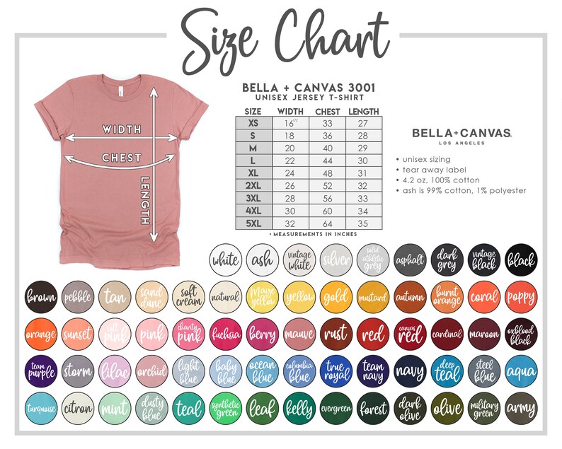 K&ouml;nnte beinhalten: Gr&ouml;&szlig;entabelle f&uuml;r Bella + Canvas 3001 Unisex-Jersey-T-Shirts. Die Tabelle zeigt die Ma&szlig;e f&uuml;r Breite, Brustumfang und L&auml;nge in Zoll f&uuml;r die Gr&ouml;&szlig;en XS bis 5XL. Die Tabelle enth&auml;lt auch Informationen &uuml;ber die Stoffzusammensetzung: 100 % Baumwolle, au&szlig;er f&uuml;r die Farbe &bdquo;Ash&ldquo;, die aus 99 % Baumwolle und 1 % Polyester besteht.
