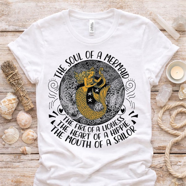 Camiseta con estampado de sirena dorada, camiseta "Alma de una sirena", camiseta unisex Bella Canvas.