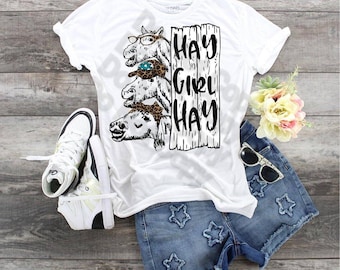May include: White t-shirt with a graphic of three horses with a wooden sign that says "Hay Girl Hay". The horses are wearing glasses and a hat. The t-shirt is paired with denim shorts with star-shaped embellishments.