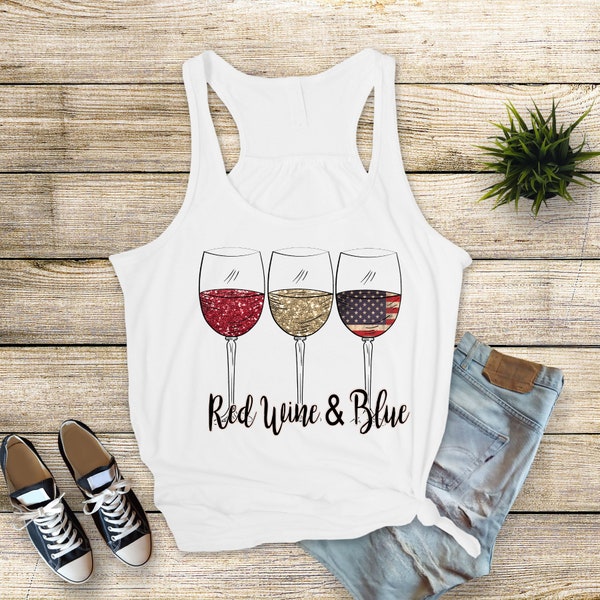 Red Wine and Blue Wine glass design on the Bella Canvas 8800 Flowy Tank. Patriotic Wine Glasses, Red Wine and Blue, 4th of July glasses