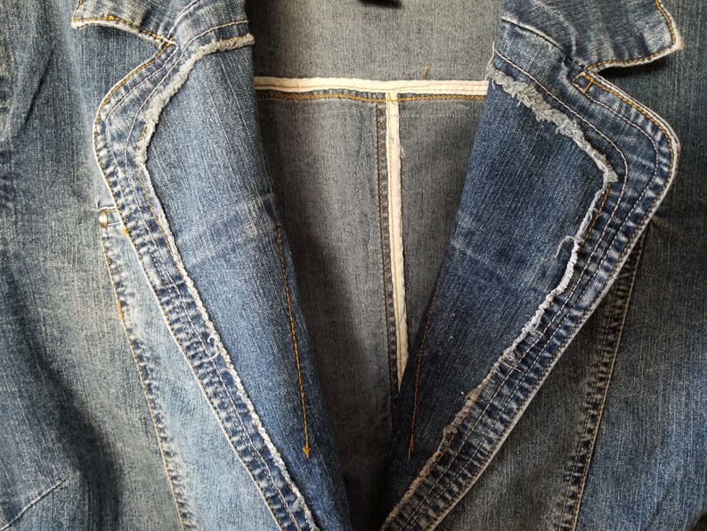 Plus Size 1820 Embellished Jean Blazer-Upcycled Woman/'s Denim Vintage Jacket-Ladies Coat-Plus Size Jean Blazer-Ladies Denim-Birthday Gift