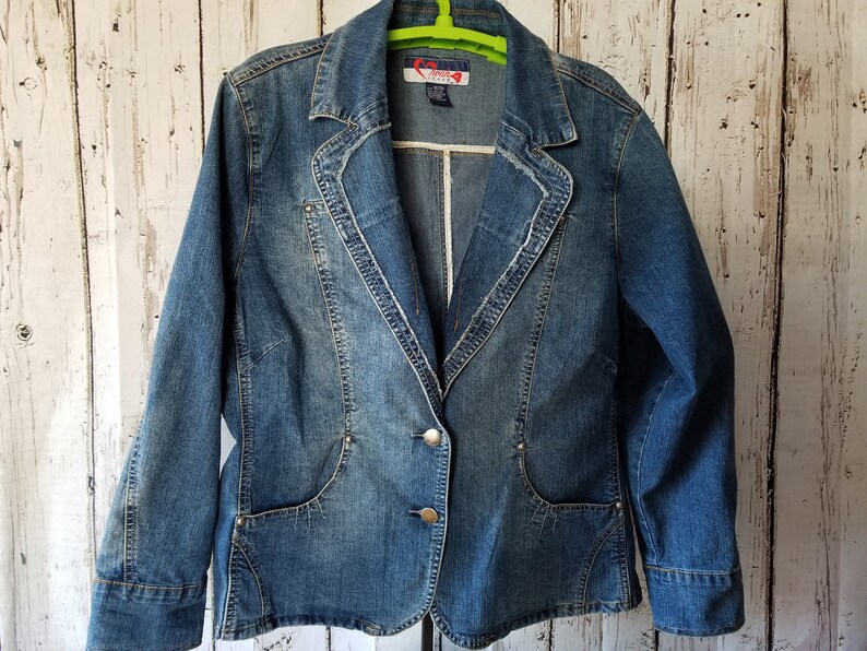 Plus Size 1820 Embellished Jean Blazer-Upcycled Woman/'s Denim Vintage Jacket-Ladies Coat-Plus Size Jean Blazer-Ladies Denim-Birthday Gift