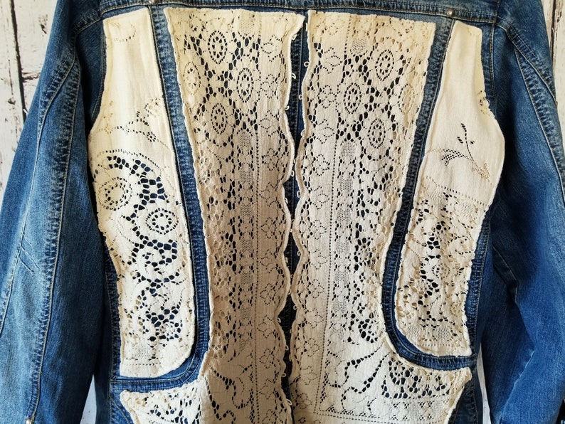 Plus Size 1820 Embellished Jean Blazer-Upcycled Woman/'s Denim Vintage Jacket-Ladies Coat-Plus Size Jean Blazer-Ladies Denim-Birthday Gift